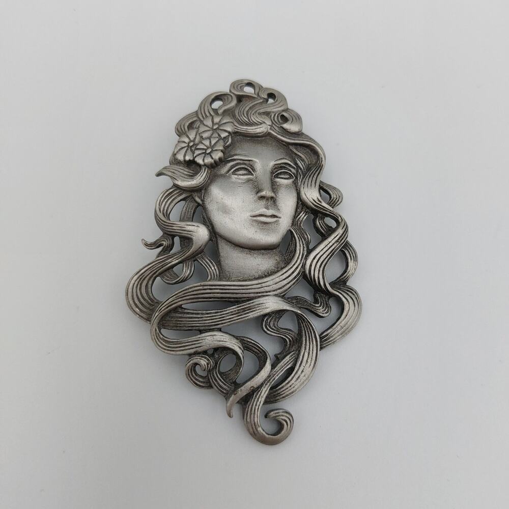 Vintage JJ 1988 Art Nouveau Pewter Lady Brooch Pin Jonette Jewelry Flowing Hair